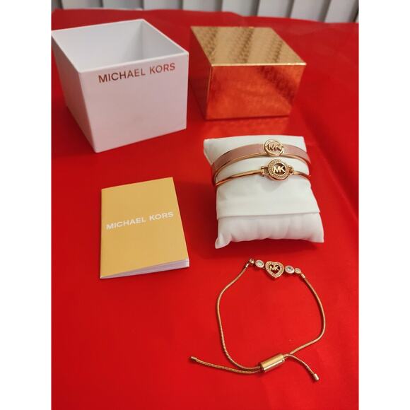 Set Of 3 Bracelet Michael Kors Logo Rose Gold‎ & Dusty Rose Enamel Bangle - Picture 1 of 13